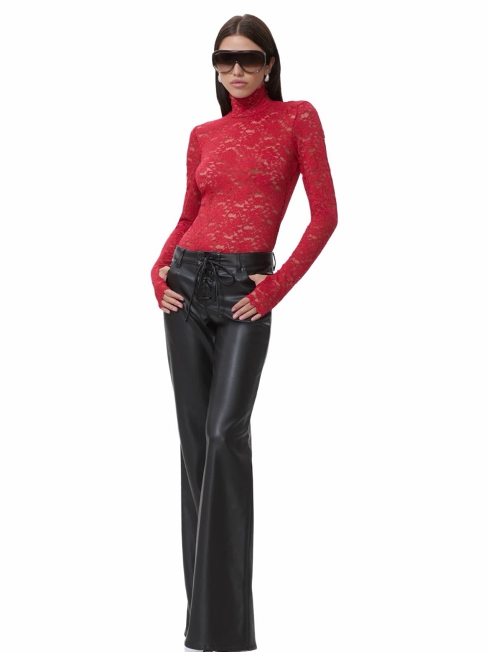 AFRM Zadie Lace Top, Poppy Red Lace Turtleneck